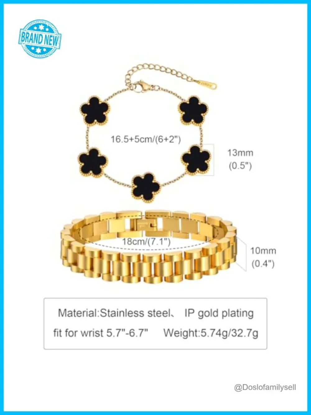 18K Gold Plated Floral Link Bracelet Set, 2pcs Stackable Chain Bracelets